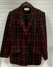 Vintage White Stag Red Green Holiday Christmas Plaid Wool Blazer Women Sz 10