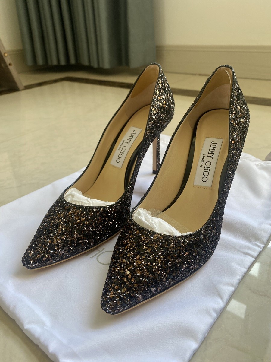 Brand New Jimmy Choo Romy 85 Glitter gloden black Heels - Size