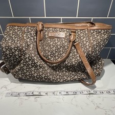 DKNY Brown Logo Tote Bag Leather Trim Zip Double Handles Dust Bag Designer