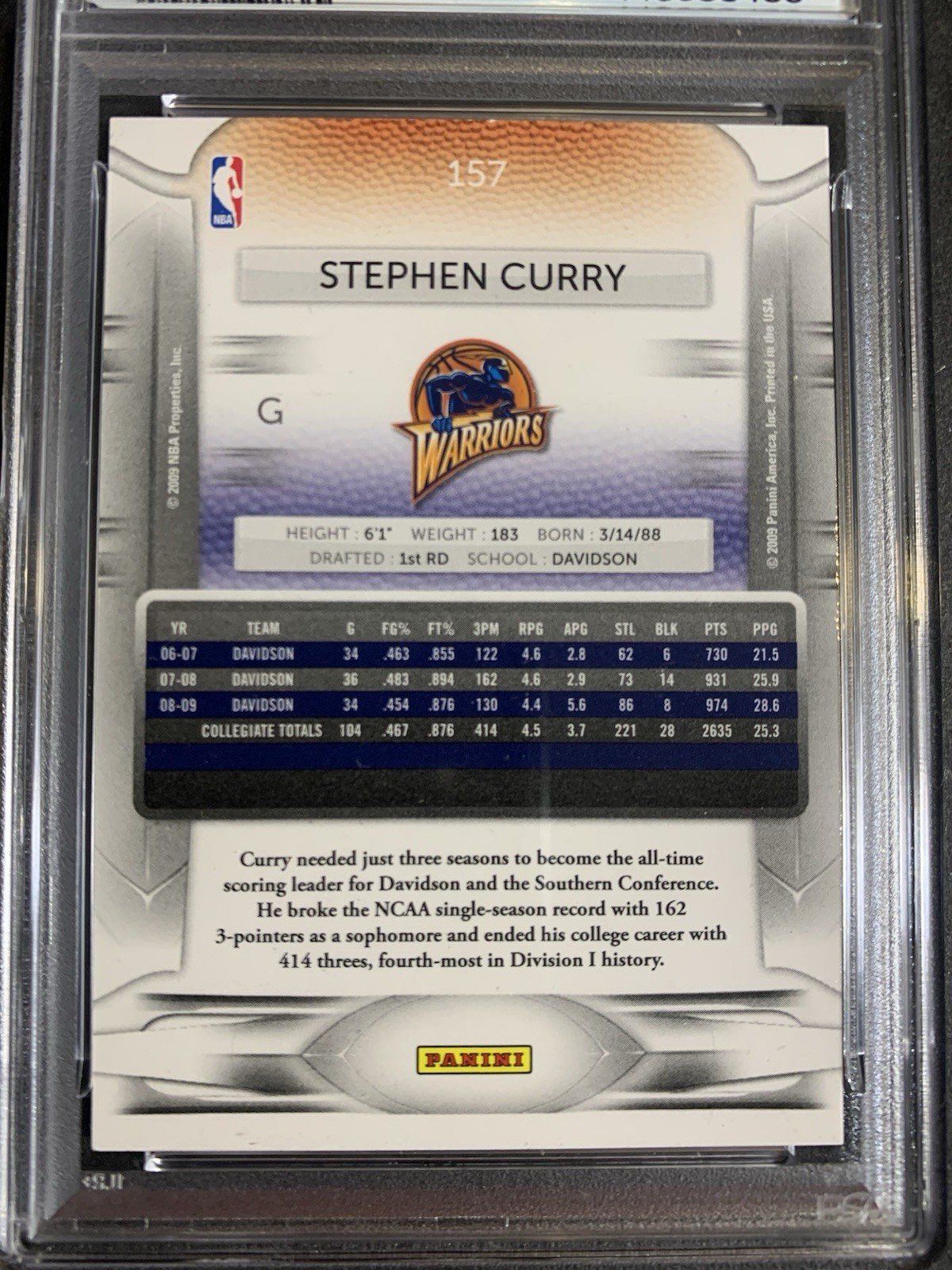 2009-10 Panini Prestige - Rookie Stephen Curry #157 (RC) PSA 9 view 4