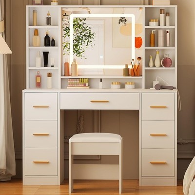 Vanity Desk Table with Lighted Mirror Makeup Vanity with Power Outlet Dressing R