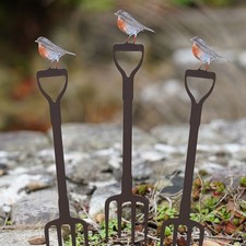 Set of 3 Mini Robin on Fork Metal Garden Stake Bundle Outdoor Statue Robins Pot