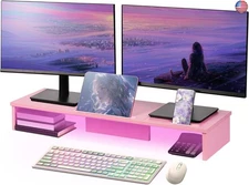 Dual Monitor Stand Riser with LED Lights and Phone Tablet Holder, 35.8in Large