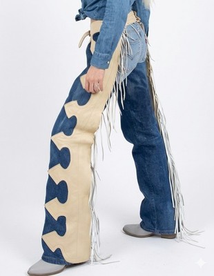 Damen Western Leder Chaps Blau Wildleder Creme Fransen Cowgirl Reiten Chaps 