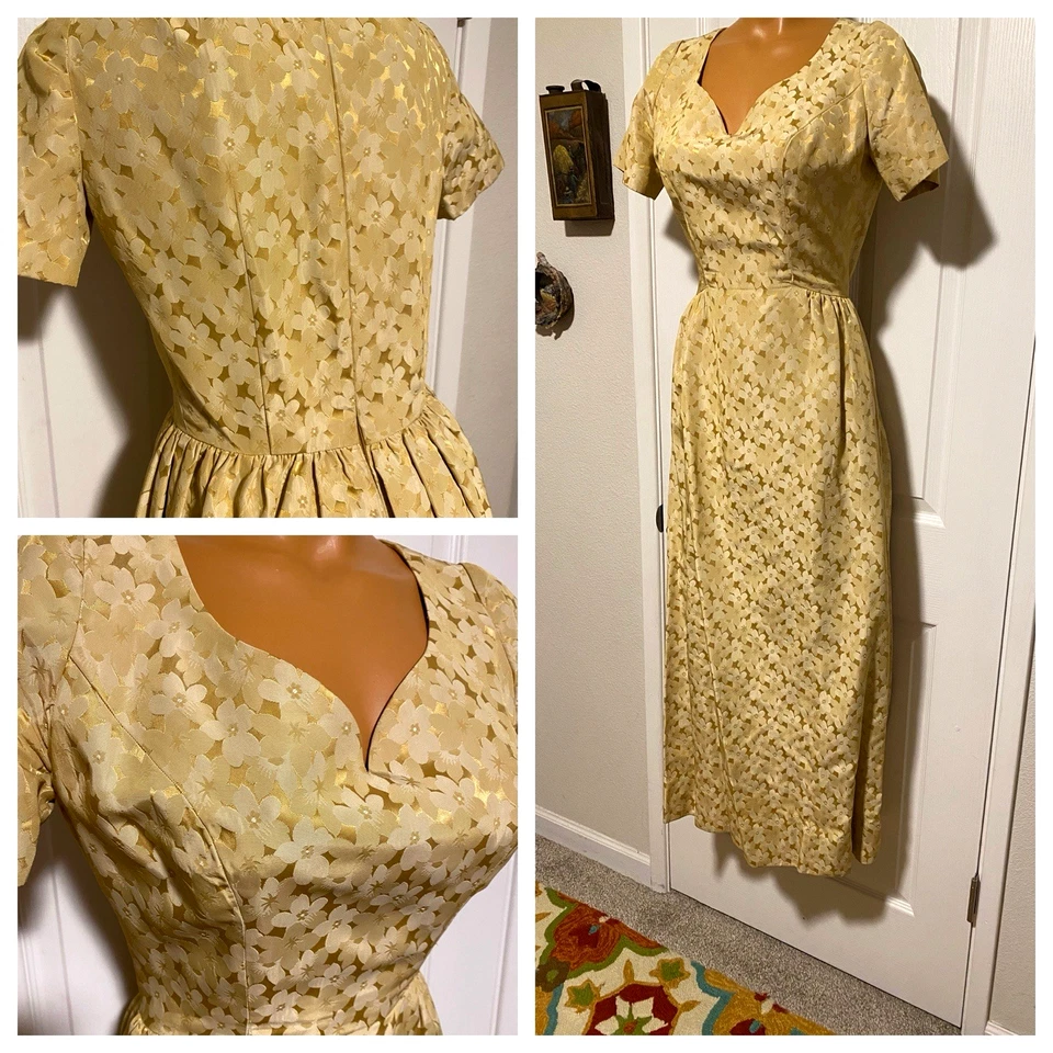 MAXI VESTIDO VINTAGE AÑOS 60 DORADO BROCADO FLORAL CON ESCOTE CORAZÓN TALLA M Foto 2 de 4