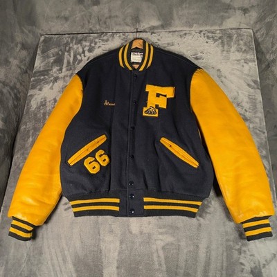 Vintage DeLONG Letterman Varsity Jacket Men 44 Black Yellow Wool Leather USA 80s
