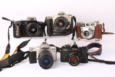 Assorted Vintage SLR Film Cameras w/ Some Manual / AF Lenses & Cases Job Lot