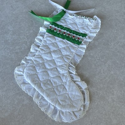 Vintage Handmade Quilted Christmas Stocking Green White Eyelet Trim 16  Cottage