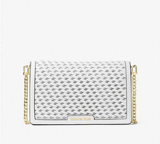 MICHAEL KORS JET SET MEDIUM WOVEN LEATHER OPTIC WHITE GOLD CHAIN CROSSBODY BAG
