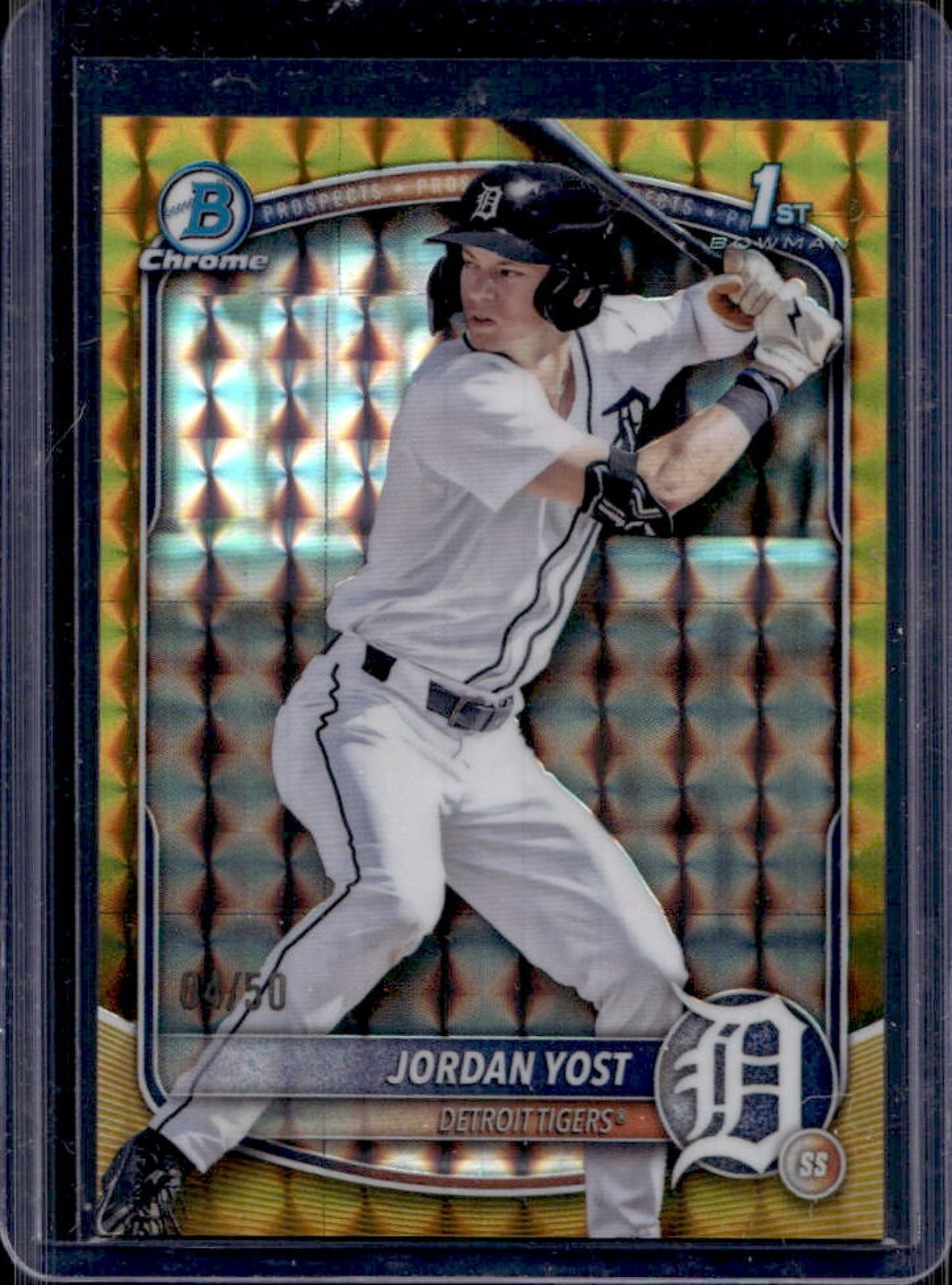 2025 Bowman Draft Jordan Yost Chrome Gold Geometric Refractor 1st #/50 Tigers