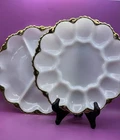 Vtg Anchor Hocking Fire King Milk Glass Egg Plate & Veggie Plate Gold Trim (2)￼