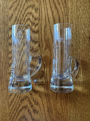 Set of 2 Pasabahce Etched Flower Cordial / Shot Glasses With Handles