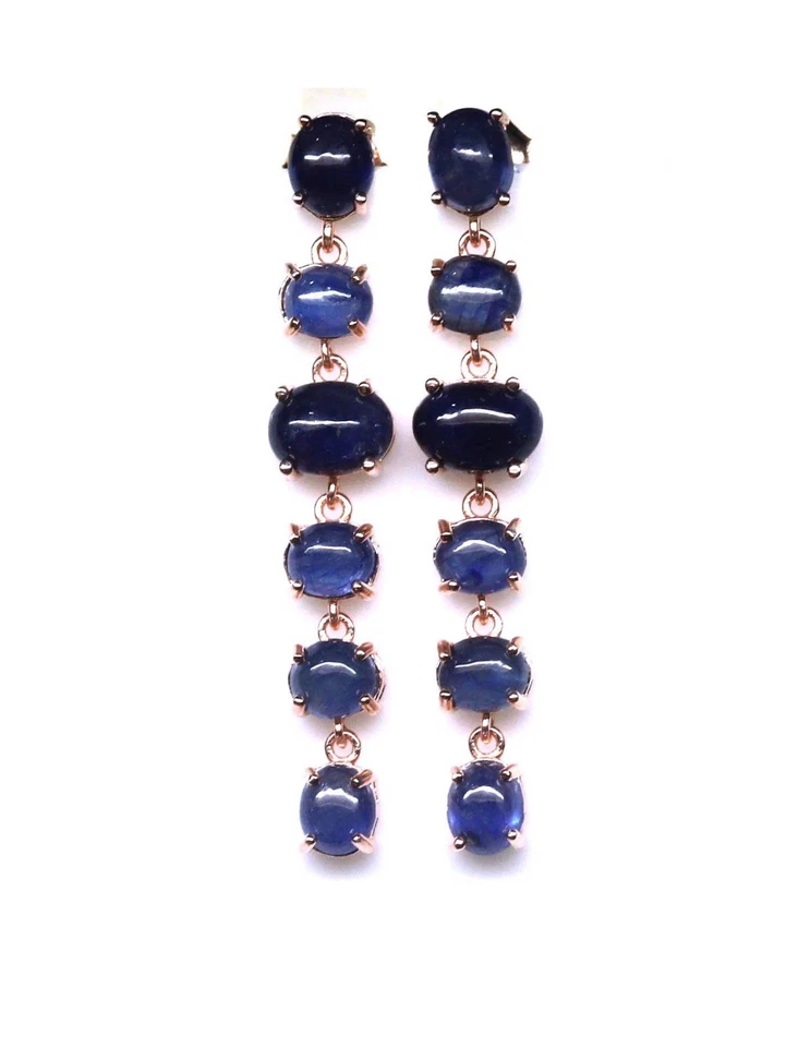 Conjunto de joias cabochão de safira azul escura feito à mão prata 925 folheado a ouro rosa - Imagem 2 de 4