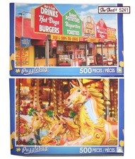 Puzzlebug Lot of 2 Puzzles 500pc Fast Food Stalls, Fun Fair Carousel New, Sealed