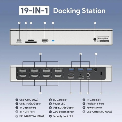 WAVLINK UG69PD12 DisplayLink Docking Station Quad Monitors For Laptops M1 / M2 - Afbeelding 2 van 19