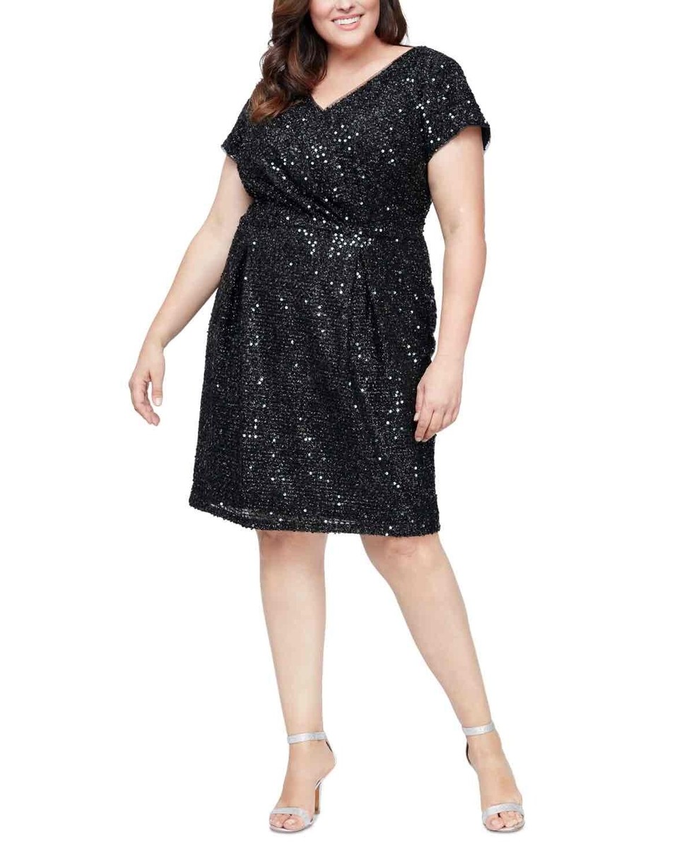 NWT SLNY Womens Black Sequin V Neck Short Sleeve Knee Length Cocktail Dress  S20W