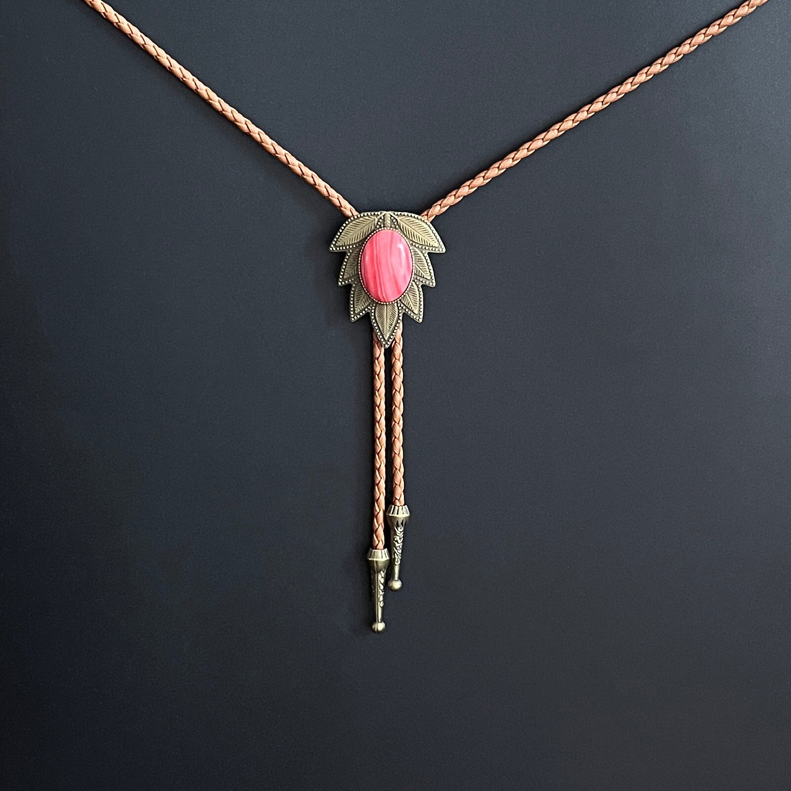 Red Striped Pine Stone Bronze Leaf Pattern Men Bo… - image 5