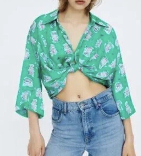 Zara Knotted Print Crop Top Green Sz M - Picture 6 of 6