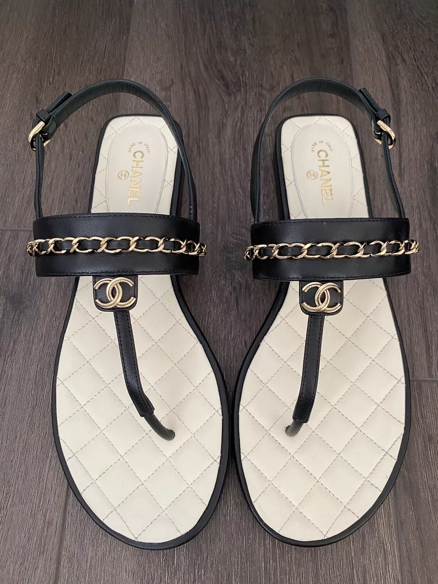 Chanel Black, Pattern Print Interlocking CC Logo Leather Sandals It 40 | 10