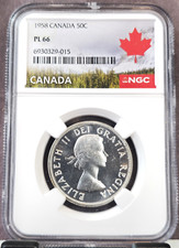 1958 CANADA SILVER 50 CENTS ELIZABETH II NGC PL 66 SCARCE GEM PROOF LIKE