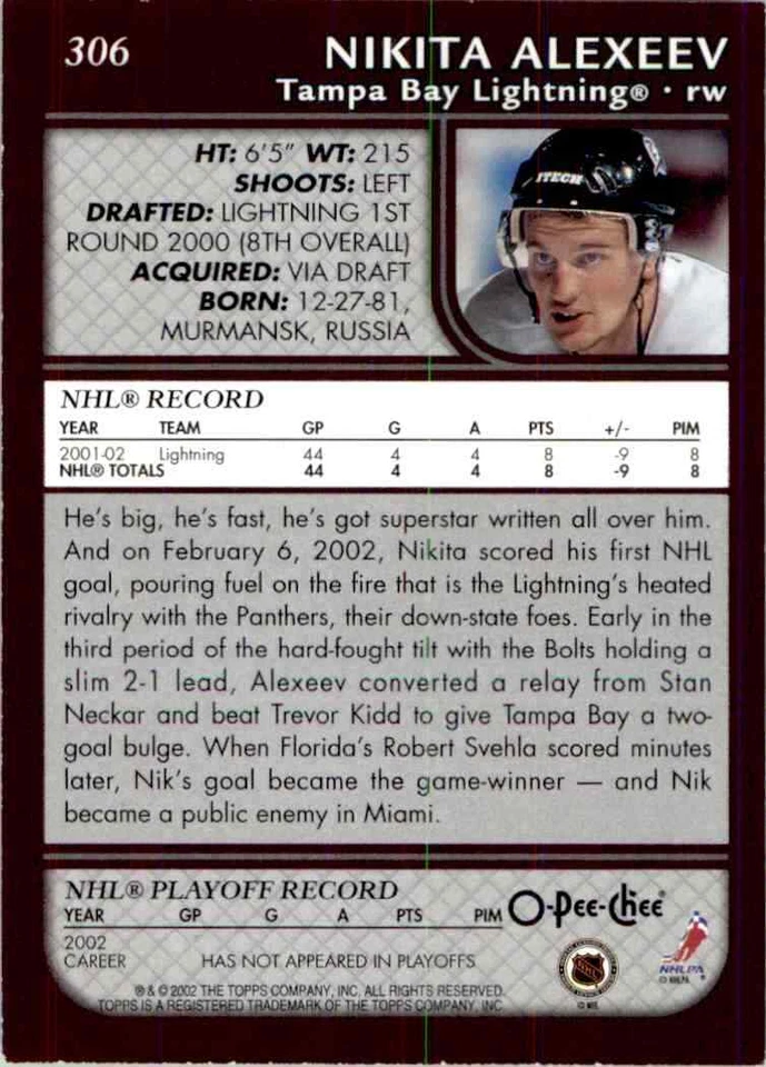 2002-03 O-Pee-Chee Nikita Alexeev #306 - Image 2 of 2