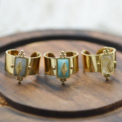 Natural Stone Wide Rings -Stainless Steel Three Colors Stone Finger Ring Jewelry