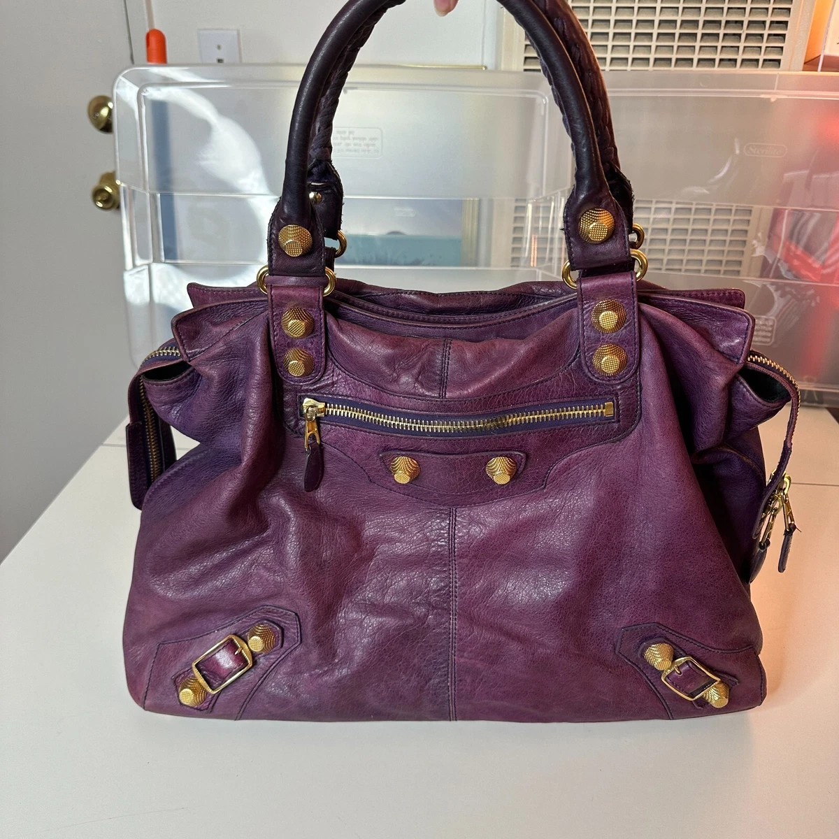 Rare Balenciaga Purple Soft Lambskin Leather City Bag Gold