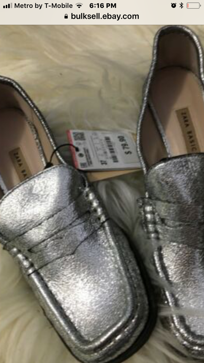 ZARA WOMEN LEATHER LOAFERS SILVER SHIMMERY SQUARE TOES FLAT