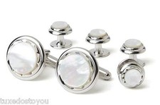 NEW Men's Mother of Pearl Diamond Cut Silver Trim Cuff Links  Studs Box Set