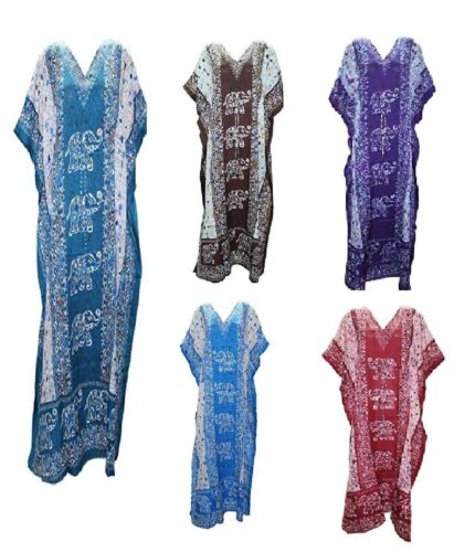 Women Printed Long Caftan Polyester Sleepwear Tunic Maxi Kaftan Dress Free Size - Picture 1 of 11