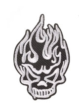 SKULL with FLAMES on HEADS - BLACk/WHITE - Embroidered Iron-On Patch