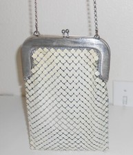 Vintage Whiting  Davis USA White Ivory Metal Mesh Kisslock Purse Bag Ball Chain