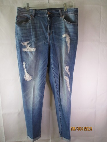Jean S98 Chico's Envejed Patchwork Elastizado 5 Bolsillos Novia - Talla 1