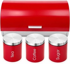 Red & Silver 4pc Kitchen Storage set Breadbin Tea Coffee Sugar Canisters