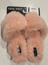 NEW Nine West Pink Faux Fur Crisscross Strap Slippers Memory Foam Size Small