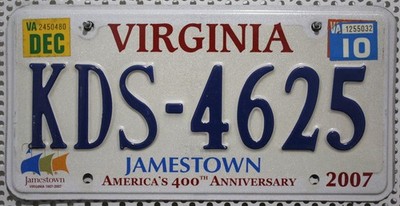 Virginia Nummernschild USA Kennzeichen (VA) Schild 1607 2007 Jamestown  KDS 4625