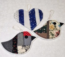 68-3 Vintage Style quilt Patchwork Birds Heart ornaments NEW handmade Cottage