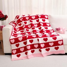 Valentine's Day Knit Throw Blanket, 50 x 60 Inch Heart Pink Red White Reversible
