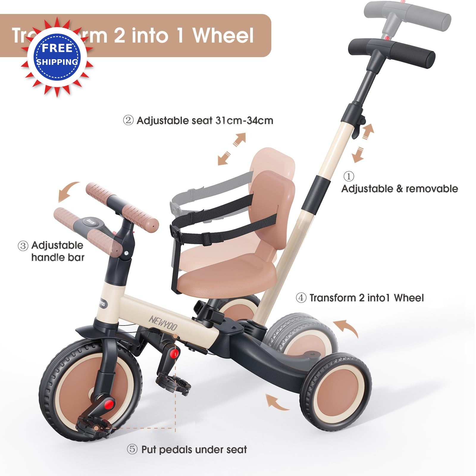 Toddler Tricycle 5 in 1 Kids Bike Balance Trike with Push Handle 1-3 Years TR007 thumbnail 3