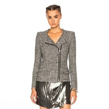 IRO Carlota Jacket Boucle Tweed Moto Blazer Lambskin Zip Trim Black White 40 US8
