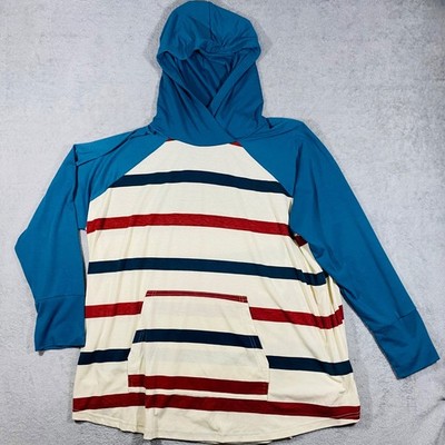 LuLaRoe Hoodie Women 3XL Blue Striped Raglan Sleeve Kangaroo Pocket Lightweight