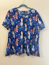 Disney Scrubs Scrub Top Cartoon Snowman Olaf Frozen II 2XL Blue cl