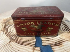 Union Leader Cut Plug Tobacco Metal Tin 6" x 3" x 3 1/2". 