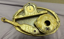 VTG Art Deco Pearlized Celluloid Purple Rhinestone 4pc Vanity Set Castle core