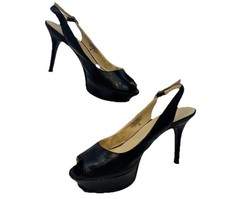 VTG Nine West Just Smile Black Leather Platform Slingback Peep Toe Heels Size 8M