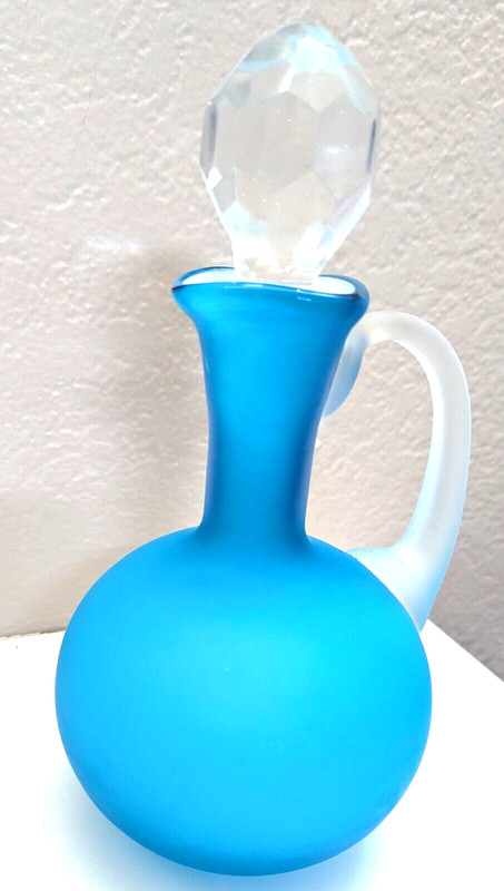 Vintage Satin Aqua Blue Glass Cruet with Cut Glass Stopper AA Importing St Louis