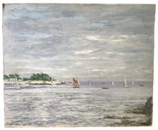 French PostImpressionism - Antique Oil Painting - Seascape Boats in Brittany