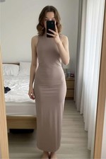 Shein Bodycon Maxi Dress UK 8 Nude Beige Neutral Long Sleeveless Minimalist