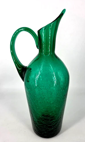 Vintage MCM BLENKO Emerald Green Crackle Glass WATER PITCHER 12"