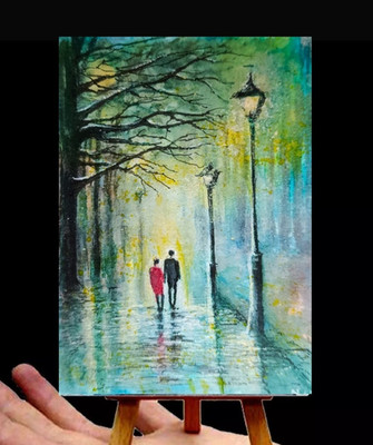 Original ACEO City Night Lights Urban Landscape Watercolor Painting Signed